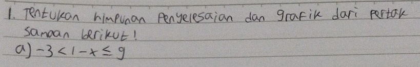Tentukan himpunan Penyelesaian dan grafik dari pertak 
sanoan berikut! 
a) -3<1-x≤ 9