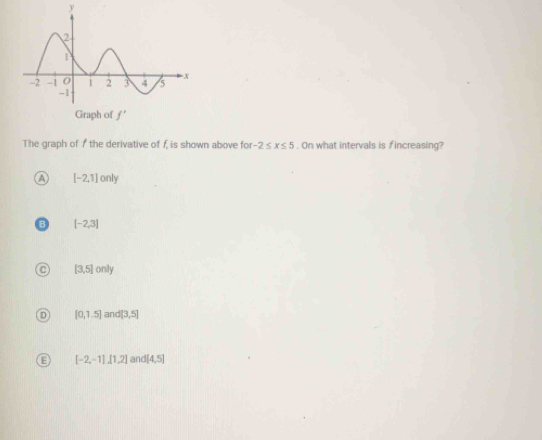 The graph of f the derivative of f, is shown above for -2≤ x≤ 5. On what intervals is fincreasing?
A [-2,1] only
B [-2,3]
[3,5] or h
[0,1.5] and [3,5]
E [-2,-1],[1,2] and [4,5]