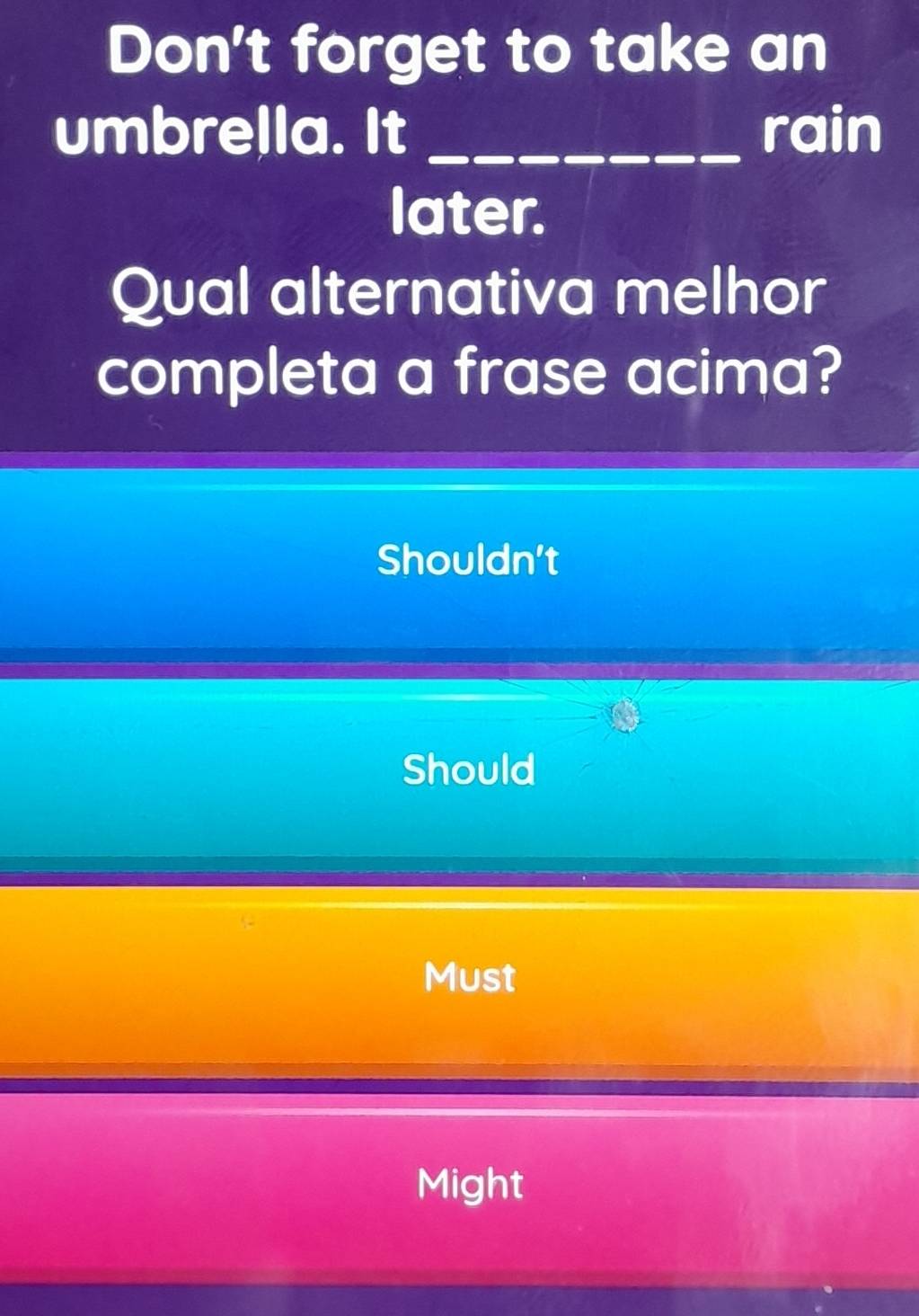 Don't forget to take an
umbrella. It _rain
later.
Qual alternativa melhor
completa a frase acima?
Shouldn't
Should
Must
Might