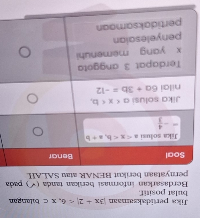 Jika pertidaksamaan |3x+2|<6,x∈ bilangan
bulat positif.
Berdasarkan informasi berikan tanda (√) pada
pernyataan berikut BENAR atau SALAH.