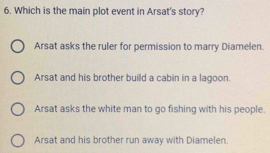 Which is the main plot event in Arsat's story?
Arsat asks the ruler for permission to marry Diamelen.
Arsat and his brother build a cabin in a lagoon.
Arsat asks the white man to go fishing with his people.
Arsat and his brother run away with Diamelen.