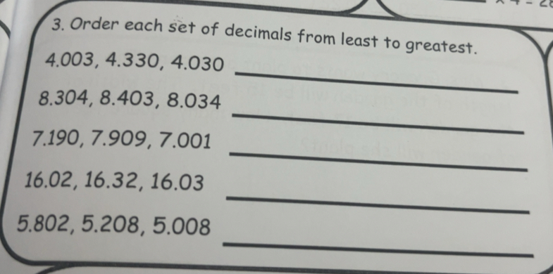 Solved: Order each set of decimals from least to greatest. 4.003, 4.330 ...