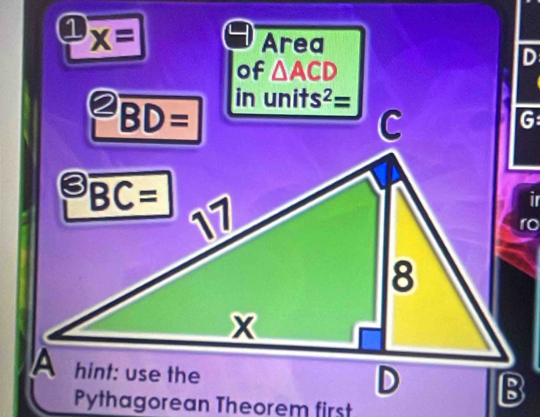 1 x=
Area
D
of △ ACD
in