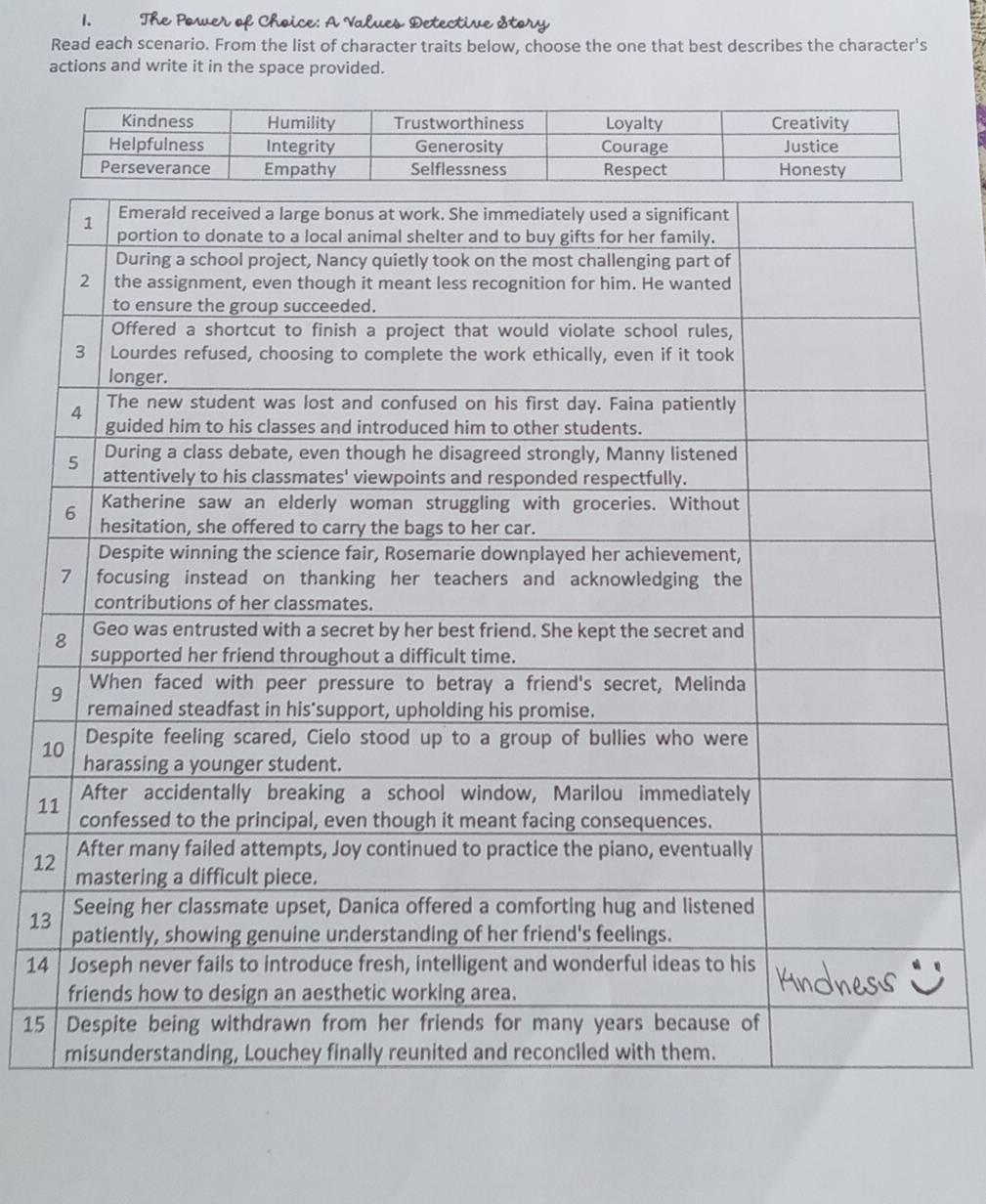 Detective Stor 
a 
Read each scenario. From the list of character traits below, choose the one that best describes the character's 
actions and write it in the space provided.
1
1
12
13
14
15