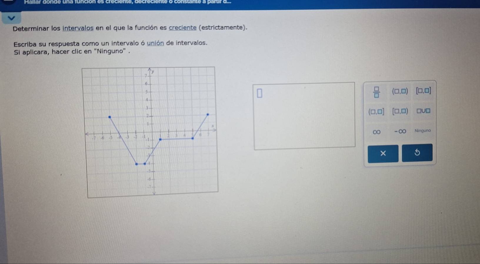 Ha na r do n d e un a fu nció n e cr e ci en e , d constante a parur d..
Determinar los intervalos en el que la función es creciente (estrictamente).
Escriba su respuesta como un intervalo ó unión de intervalos.
Si aplicara, hacer clic en "Ninguno" .
(□ ,□ ) [□ ,□ ]
(□,□] □ ,□ )
∞
Ninguno
× s