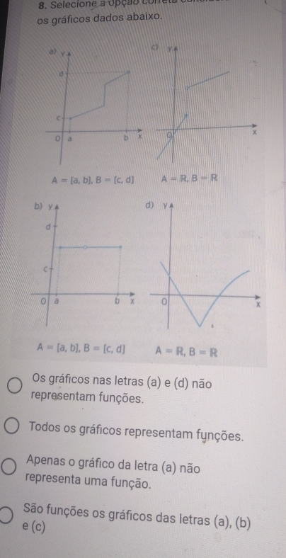 Selecione a opção conc
os gráficos dados abaixo.
A=[a,b], B=[c,d] A=R, B=R

A=[a,b], B=[c,d] A=R, B=R
Os gráficos nas letras (a) e (d) não
representam funções.
Todos os gráficos representam fynções.
Apenas o gráfico da letra (a) não
representa uma função.
São funções os gráficos das letras (a), (b)
e (c)