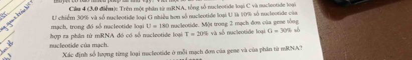 Trên một phân tử mRNA, tổng số nucleotide loại C và nucleotide loại 
U chiếm 30% và số nucleotide loại G nhiều hơn số nucleotide loại U là 10% số nucleotide của 
_ 
mạch, trong dó số nucleotide loại U=180 nucleotide. Một trong 2 mạch đơn của gene tổng 
hợp ra phân tử mRNA đó có số nucleotide loại T=20% và số nucleotide loại G=30% số 
nucleotide của mạch. 
Xác định số lượng từng loại nucleotide ở mỗi mạch đơn của gene và của phân tử mRNA?