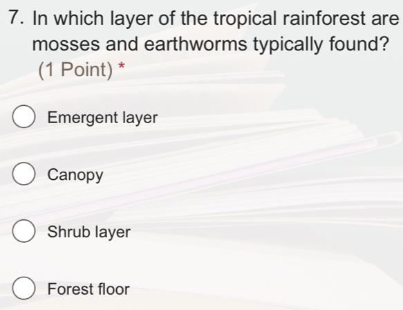 In which layer of the tropical rainforest are
mosses and earthworms typically found?
(1 Point) *
Emergent layer
Canopy
Shrub layer
Forest floor