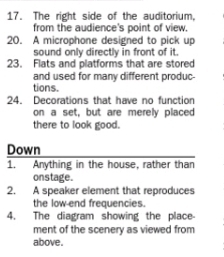 The right side of the auditorium, 
from the audience's point of view. 
20. A microphone designed to pick up 
sound only directly in front of it. 
23. Flats and platforms that are stored 
and used for many different produc 
tions. 
24. Decorations that have no function 
on a set, but are merely placed 
there to look good. 
Down 
1. Anything in the house, rather than 
onstage. 
2. A speaker element that reproduces 
the low-end frequencies. 
4. The diagram showing the place- 
ment of the scenery as viewed from 
above .