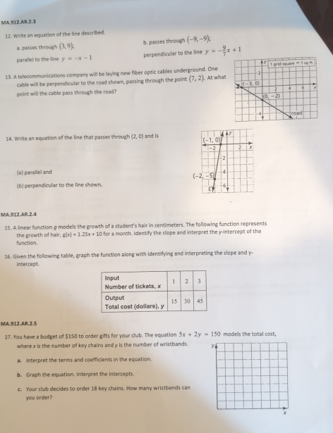 MA.912.AR.2.3
12. Write an equation of the line described.
a. passes through (3,9) b. passes through (-9,-9);
parallel to the line y=-x-1 perpendicular to the line y=- 9/7 x+1
13. A tellecommunications company will be laying new fiber optic cables underground. One At what
cable will be perpendicular to the road shown, passing through the point (7,2)
point will the cable pass through the road?
14. Write an equation of the line that passes through (2,0) and is 
a) parallel and
(b) perpendicular to the line shown.
MA.912.AR.2.4
15. A linear function g models the growth of a student's hair in centimeters. The following function represents
the growth of hair, g(x)=1.25x+10 for a month. Identify the slope and interpret the y-intercept of the
function.
16. Given the following table, graph the function along with identifying and interpreting the slope and y-
intercept.
MA.912 AR.2.5
17. You have a budget of $150 to order gifts for your club. The equation 5x+2y=150 models the total cost,
where x is the number of key chains and y is the number of wristbands. 
a. Interpret the terms and coefficients in the equation
b. Graph the equation. Interpret the intercepts.
c. Your club decides to order 18 key chains. How many wristbands can
you order?