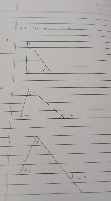 Find the value of x
i.
ii
x
2x
50°