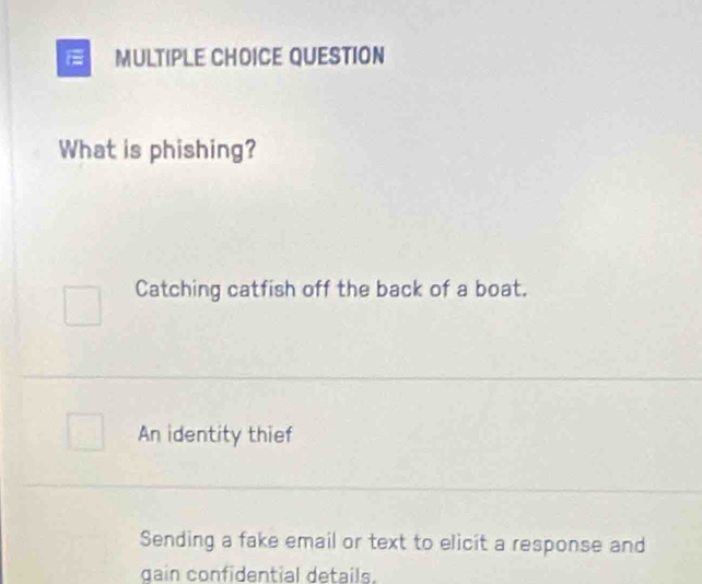 QUESTION
What is phishing?
Catching catfish off the back of a boat.
An identity thief
Sending a fake email or text to elicit a response and
gain confidential details.