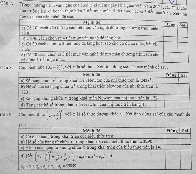 Trong chương trình văn nghệ của buổi lễ ki niệm ngày Nhà giáo Việt Nam 20/11, các CLB của
nhà trường lên kể hoạch thực hiện 2 tiết mục múa, 5 tiết mục hát và 3 tiết mục kịch. Xét tính
đúng sai của các mệnh đề sau:
Câu 8. Cho biểu thức (3x-2)^5 , với x là số thực. Xét tính đúng sai của các mệnh đề sau:
Câu 9. Cho biểu thức (2x+ 7/x )^5 , với x là số thực dương khác 0. Xét tính đúng sai của các mệnh đề