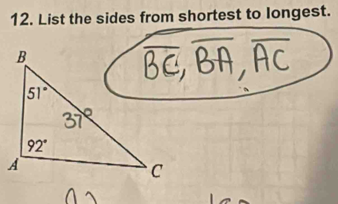 List the sides from shortest to longest.