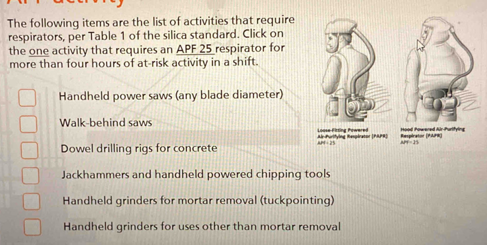 The following items are the list of activities that require
respirators, per Table 1 of the silica standard. Click on
the one activity that requires an APF 25 respirator for
more than four hours of at-risk activity in a shift.
Handheld power saws (any blade diameter)
Walk-behind saws
Dowel drilling rigs for concrete
Jackhammers and handheld powered chipping tools
Handheld grinders for mortar removal (tuckpointing)
Handheld grinders for uses other than mortar removal