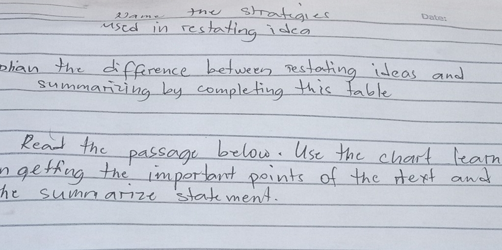 2)ame the srrafigles 
used in restating idca 
phan the difference between restating ideas and 
summarizing by completing this fable 
Read the passage below. Use the chart learn 
ngetting the important points of the next and 
he summarize stafement.