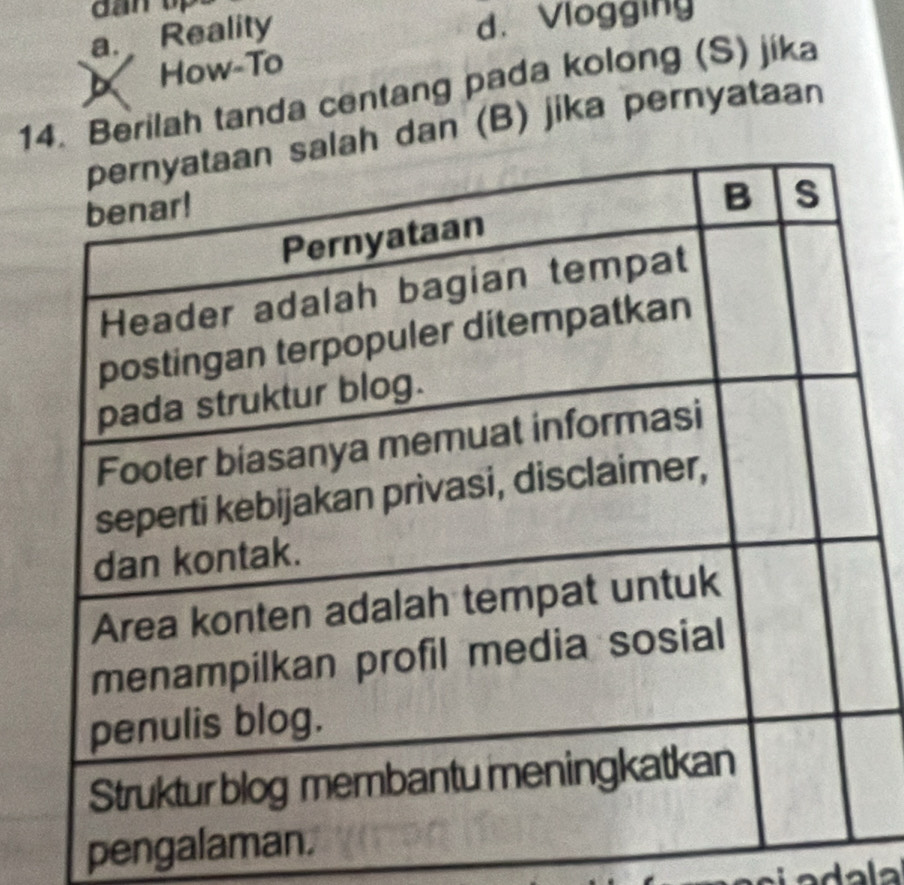 a. Reality
d. Viogging
How-To
1 Berilah tanda centang pada kolong (S) jíka
dan (B) jika pernyataan
pengalam