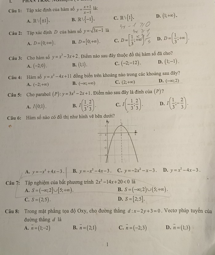 Tập xác định của hàm số y= (x+1)/x-1  là:
A. Rvee  ± 1 . B. Rvee  -1 . C. R   1 . D. (1;+∈fty ).
Câu 2: Tập xác định D của hàm số y=sqrt(3x-1) là
A. D=(0;+∈fty ). B. D=[0;+∈fty ). C. D=[ 1/3 ;+∈fty ) D. D=( 1/3 ;+∈fty ).
Câu 3: Cho hàm số y=x^3-3x+2. Điểm nào sau đây thuộc đồ thị hàm số đã cho?
A. (-2;0). B. (1;1). C. (-2;-12). D. (1;-1).
Câu 4: Hàm số y=x^2-4x+11 đồng biến trên khoảng nào trong các khoảng sau đây?
A. (-2;+∈fty ) B. (-∈fty ;+∈fty ) C. (2;+∈fty ) D. (-∈fty ;2)
Câu 5: Cho parabol (P): y=3x^2-2x+1. Điềm nào sau đây là đinh của (P)?
A. I(0;1). B. I( 1/3 ; 2/3 ). C. I(- 1/3 ; 2/3 ). D. I( 1/3 ;- 2/3 ).
Câu 6: Hàm số nào có a^(frac 1)0 thị như hình vẽ bên dưới?
A. y=-x^2+4x-3. B. y=-x^2-4x-3. C. y=-2x^2-x-3. D. y=x^2-4x-3.
Câu 7: Tập nghiệm của bất phương trình 2x^2-14x+20<0</tex> là
A. S=(-∈fty ;2]∪ [5;+∈fty ). B. S=(-∈fty ;2)∪ (5;+∈fty ).
C. S=(2;5). D. S=[2;5].
Câu 8: Trong mặt phẳng tọa độ Oxy, cho đường thẳng d:x-2y+3=0. Vectơ pháp tuyến của
đường thẳng d là
A. vector n=(1;-2) B. vector n=(2;1) C. vector n=(-2;3) D. vector n=(1;3)