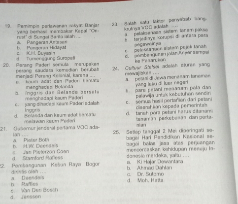 Pemimpin perlawanan rakyat Banjar 23. Salah satu faktor penyebab bang-
yang berhasil membakar Kapal "On- krutnya VOC adalah ..
a. pelaksanaan sistem tanam paksa
rust'' di Sungai Barito ialah ....
a. Pangeran Antasari b. terjadinya korupsi di antara para
b. Pangeran Hidayat
pegawainya
d. Tumenggung Suropat c. pelaksanaan sistem pajak tanah
c. K.H. Buyasin
20. Perang Paderi semula merupakan d. pembangunan jalan Anyer sampai
ke Panarukan
perang saudara kemudian berubah 24. Cultuur Stelsel adalah aturan yang
menjadi Perang Kolonial, karena ....
a. kaum adat dan Paderi bersatu mewajibkan .... a. petani di Jawa menanam tanaman
menghadapi Belanda yang laku di luar negeri
b. Inggris dan Belanda bersatu b. para petani menanam pala dan
menghadapi kaum Paderi palawija untuk kebutuhan sendir
c. yang dihadapi kaum Paderi adalah ' c. semua hasil pertarian dari petani
Ínggris diserahkan kepada pemerintah
d. Belanda dan kaum adat bersatu d. tanah para petani harus ditanami
melawan kaum Paderi tanaman perkebunan dan perta-
21. Gubernur jenderal pertama VOC ada- nian
lah ...
25. Setiap tanggal 2 Mei diperingati se-
a. Pieter Both bagai Hari Pendidikan Nasional se-
b. H.W. Daendels bagai balas jasa atas perjuangan
c. Jan Pieterzon Coen mencerdaskan kehidupan menuju In-
d. Stamford Rafless donesia merdeka, yaitu ....
2. Pembangunan Kebun Raya Bogor a. Ki Hajar Dewantara
dirintis oleh .... b. Ahmad Dahlan
a. Daendels c. Dr. Sutomo
b. Raffles d. Moh. Hatta
c. Van Den Bosch
d. Janssen