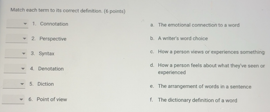 Solved: Match each term to its correct definition. (6 points) _ 1 ...
