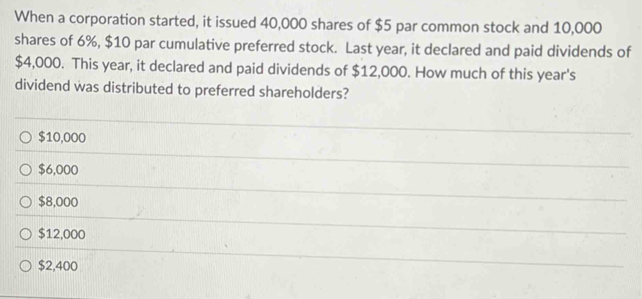 When a corporation started, it issued 40,000 shares of $5 par common stock and 10,000
shares of 6%, $10 par cumulative preferred stock. Last year, it declared and paid dividends of
$4,000. This year, it declared and paid dividends of $12,000. How much of this year's
dividend was distributed to preferred shareholders?
$10,000
$6,000
$8,000
$12,000
$2,400