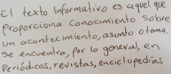 EI texto informativo es aguel qoe 
proporciona Conocimiento sobre 
un acontecimiento, asunto otema. 
se encventra, for lo general, en 
Periodces, revistas, enciclopedias