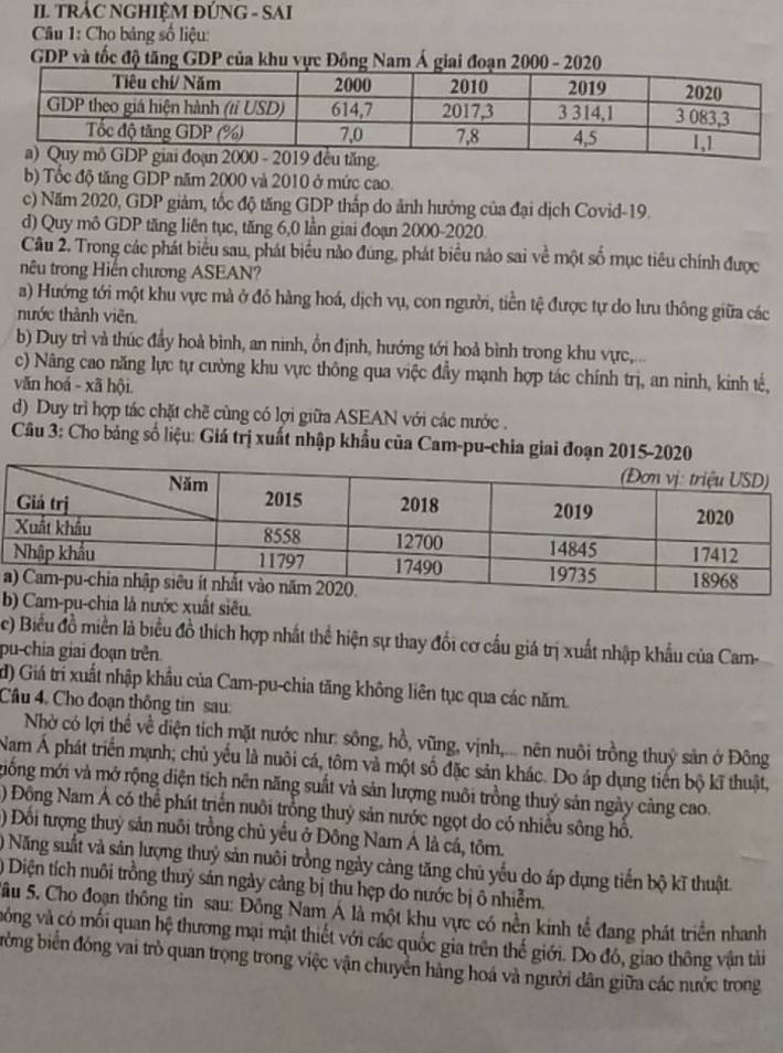 II TRÁC NGHIÊM ĐÚNG - SAI
Câu 1: Cho bảng số liệu:
GDP và tốc độ tăng GDP của khu vực Đông Nam
b) Tổc độ tăng GDP năm 2000 và 2010 ở mức cao
c) Năm 2020, GDP giảm, tốc độ tăng GDP thấp do ảnh hưởng của đại dịch Covid-19.
d) Quy mô GDP tăng liên tục, tăng 6,0 lần giai đoạn 2000-2020.
Câu 2. Trong các phát biểu sau, phát biểu nào đùng, phát biểu nào sai về một số mục tiêu chính được
nêu trong Hiến chương ASEAN?
a) Hướng tới một khu vực mà ở đó hàng hoá, dịch vụ, con người, tiền tệ được tự do lưu thông giữa các
nước thành viên.
b) Duy trì và thúc đầy hoà bình, an ninh, ồn định, hướng tới hoả bình trong khu vực,...
c) Nâng cao năng lực tự cường khu vực thông qua việc đầy mạnh hợp tác chính trị, an ninh, kinh tế,
văn hoá - xã hội
d) Duy trì hợp tác chặt chẽ cùng có lợi giữa ASEAN với các nước .
Câu 3: Cho bảng số liệu: Giá trị xuất nhập khẩu của Cam-pu-chia giai đoạn 2015-2020
a
bm-pu-chia là nước xuất siêu.
c) Biểu đồ miền là biểu đồ thích hợp nhất thể hiện sự thay đổi cơ cấu giá trị xuất nhập khẩu của Cam-
pu-chia giai đoạn trên
d) Giá trí xuất nhập khẩu của Cam-pu-chia tăng không liên tục qua các năm.
Câu 4. Cho đoạn thông tin sau:
Nhờ có lợi thế về diện tích mặt nước như: sông, hồ, vũng, vịnh,... nên nuôi trồng thuỷ sản ở Đông
Nam Á phát triển mạnh; chủ yếu là nuôi cá, tôm và một số đặc sản khác. Do áp dụng tiến bộ kĩ thuật,
mống mới và mở rộng diện tích nên năng suất và sản lượng nuôi trồng thuỷ sản ngày cảng cao.
) Đông Nam Á có thể phát triển nuôi trồng thuỷ sản nước ngọt do có nhiều sông hỗ.
) Đối tượng thuỷ sản nuôi trồng chủ yếu ở Đông Nam Á là cá, tôm.
) Năng suất và sản lượng thuỷ sản nuôi trồng ngày cảng tăng chủ yểu do áp dụng tiến bộ kĩ thuật
) Diện tích nuôi trồng thuỷ sản ngày cảng bị thu hẹp do nước bị ô nhiễm.
Sâu 5. Cho đoạn thông tin sau: Đông Nam Á là một khu vực có nền kinh tế đang phát triển nhanh
vông và có mối quan hệ thương mại mặt thiết với các quốc gia trên thế giới. Do đó, giao thông vận tải
bởng biển đóng vai trò quan trọng trong việc vận chuyển hàng hoá và người dân giữa các nước trong