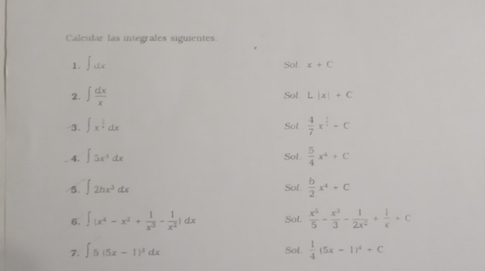 Calcular las integrales siguientes. 
1. ∈t dx Sol. x+C
2. ∈t  dx/x  Sol. L|x|+C
3. ∈t x^(frac 3)4dx Sol  4/7 x^(frac 1)2+C
4. ∈t 5x^3dx Sol.  5/4 x^4+C
5. ∈t 2bx^3dx Sol.  b/2 x^4+C
6. ∈t (x^4-x^3+ 1/x^3 - 1/x^2 )dx Sol.  x^5/5 - x^3/3 - 1/2x^2 + 1/x +c
7. ∈t 5(5x-1)^3dx Sol.  1/4 (5x-1)^4+C