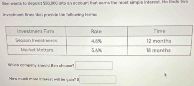 Ben wants to deposit $30,000 into an account that earns the most simple interest. He finds two 
investment firms that provide the following terms: 
Which company should Ben choose? □ 
How much more interest will he gain? $□