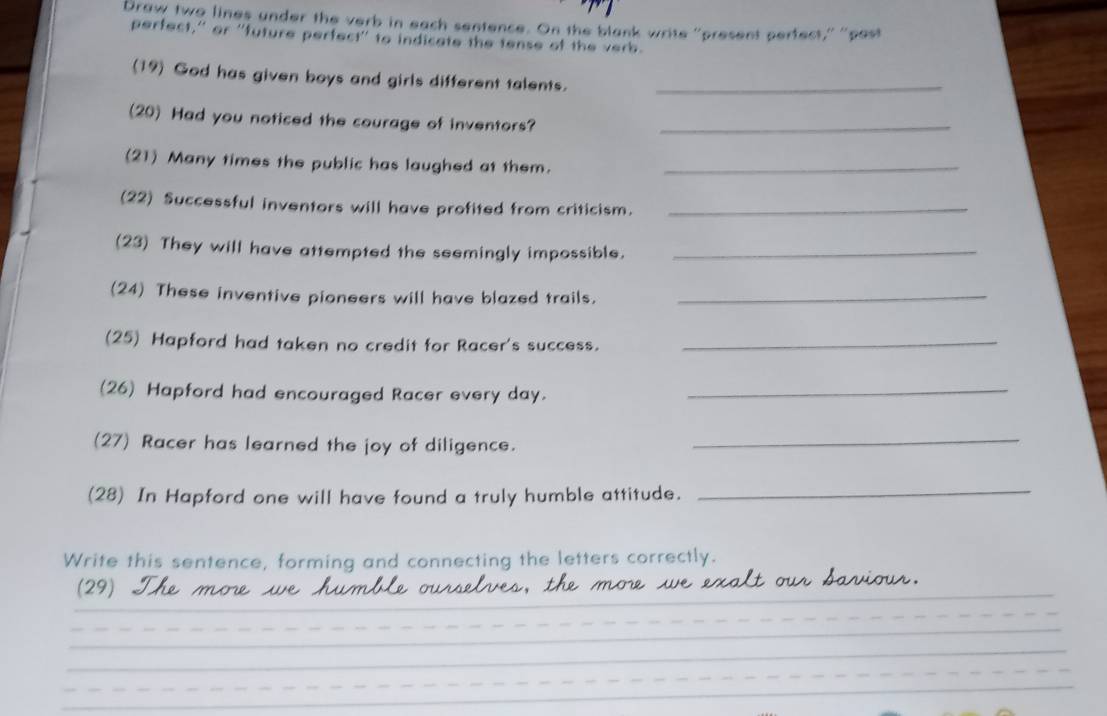 Draw two lines under the verb in each sentence. On the blank write "present perfect," 'past 
perfect,'' or ''future perfect'' to indicate the tense of the verb. 
(19) God has given boys and girls different talents._ 
(20) Had you noticed the courage of inventors?_ 
(21) Many times the public has laughed at them._ 
(22) Successful inventors will have profited from criticism._ 
(23) They will have attempted the seemingly impossible._ 
(24) These inventive pioneers will have blazed trails._ 
(25) Hapford had taken no credit for Racer's success._ 
(26) Hapford had encouraged Racer every day._ 
(27) Racer has learned the joy of diligence._ 
(28) In Hapford one will have found a truly humble attitude. 
_ 
Write this sentence, forming and connecting the letters correctly. 
_ 
_ 
(29) 
__ 
_ 
_ 
_ 
_ 
_ 
_ 
_ 
_