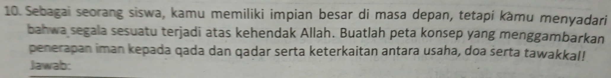 Sebagai seorang siswa, kamu memiliki impian besar di masa depan, tetapí kàmu menyadari 
bahwa segala sesuatu terjadi atas kehendak Allah. Buatlah peta konsep yang menggambarkan 
penerapan iman kepada qada dan qadar serta keterkaitan antara usaha, doa serta tawakkal! 
Jawab: