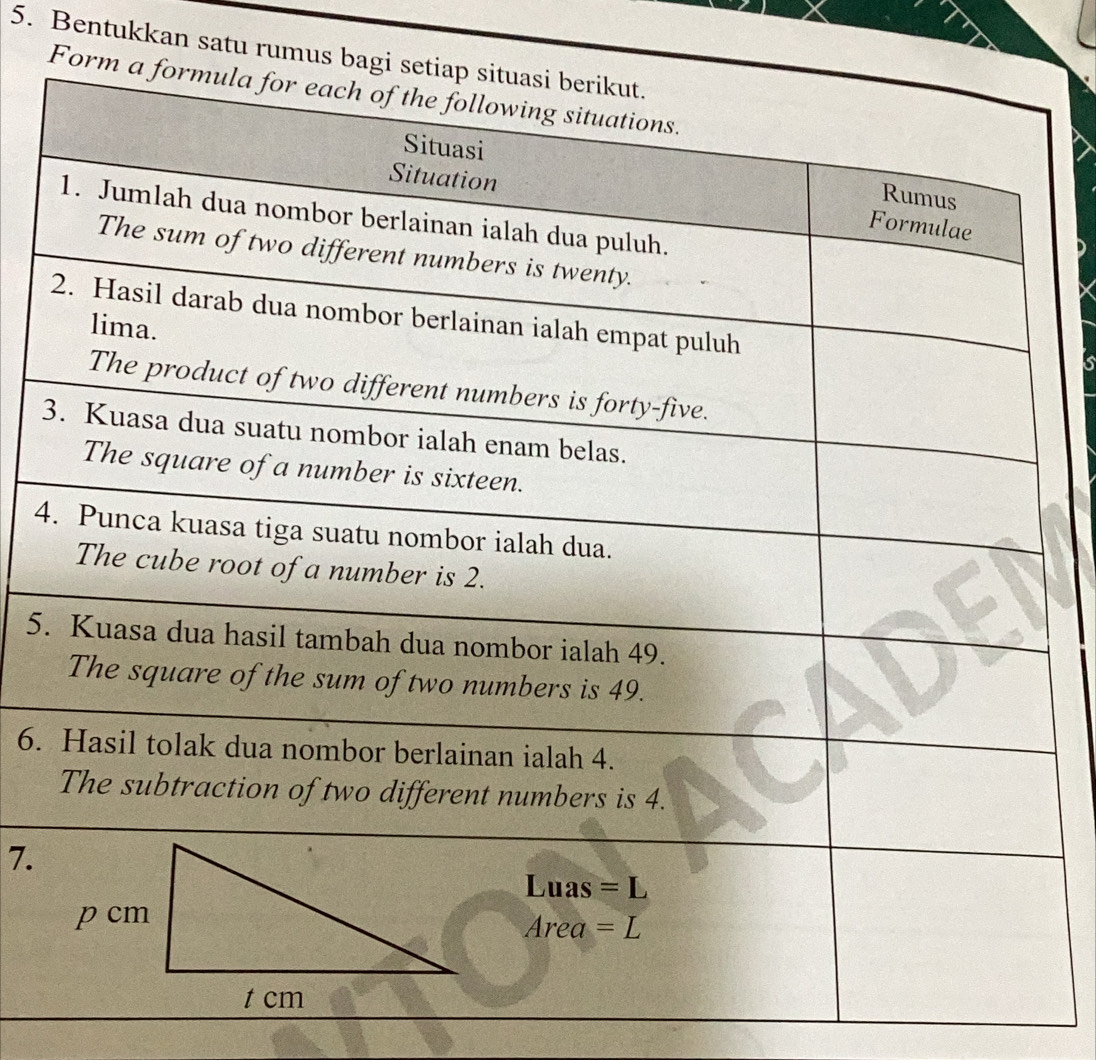 Bentukkan satu rumus bagi seti
Form a 
3
4
5.
6.
7.