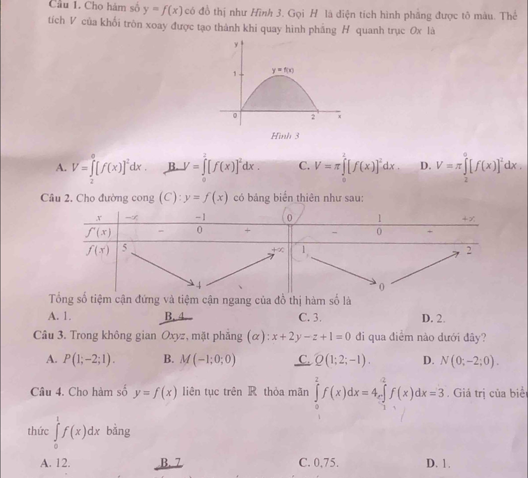 Cầu 1. Cho hàm số y=f(x) có đồ thị như Hình 3. Gọi H là diện tích hình phẳng được tô màu. Thể
tích V của khối tròn xoay được tạo thành khi quay hình phẳng H quanh trục 0x là
A. V=∈tlimits _2^(0[f(x)]^2)dx. B. y=∈tlimits _0^(2[f(x)]^2)dx. C. V=π ∈tlimits _0^(2[f(x)]^2)dx. D. V=π ∈tlimits _2^(0[f(x)]^2)dx.
Câu 2. Cho đường cong (C) y=f(x) có bảng biến thiên như sau:
Tổng số tiệm cận đứng và tiệm cận ngang của đồ thị hàm số là
A. 1. B. 4. C. 3. D. 2.
Câu 3. Trong không gian Oxyz, mặt phẳng (α): x+2y-z+1=0 đi qua điểm nào dưới đây?
A. P(1;-2;1). B. M(-1;0;0) C. Q(1;2;-1). D. N(0;-2;0).
Câu 4. Cho hàm số y=f(x) liên tục trên R thỏa mãn ∈tlimits _0^(2f(x)dx=4_x)∈tlimits _1^2f(x)dx=3. Giả trị của biểi
thức ∈tlimits _0^1f(x)dx bằng
A. 12. B. Z C. 0,75. D. 1.