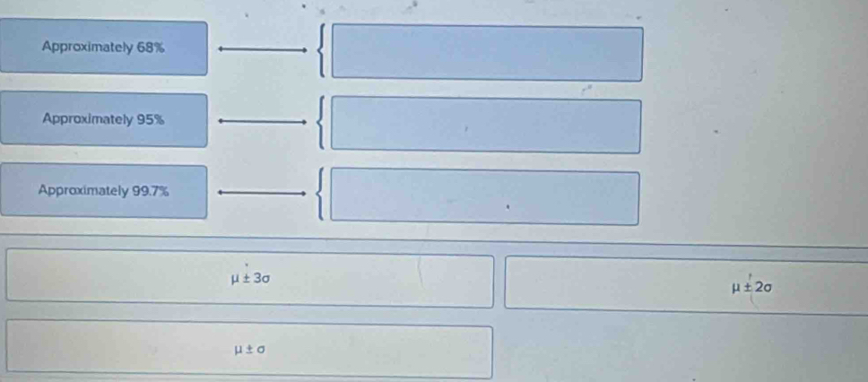 Approximately 68%
Approximately 95%
Approximately 99.7%
mu ± 3sigma
mu ± 2sigma
mu ± sigma