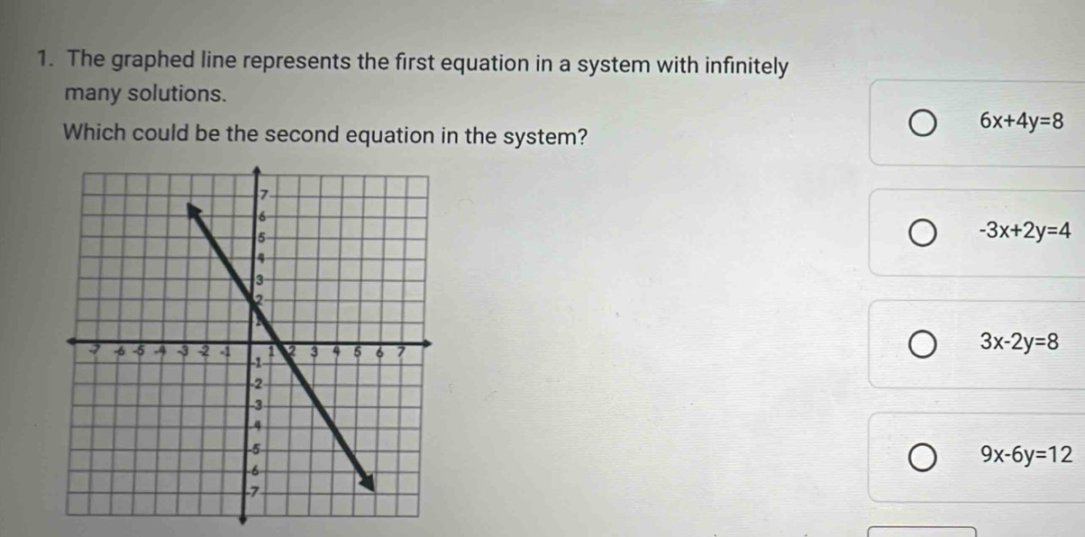 The graphed line represents the first equation in a system with infinitely
many solutions.
Which could be the second equation in the system?
6x+4y=8
-3x+2y=4
3x-2y=8
9x-6y=12