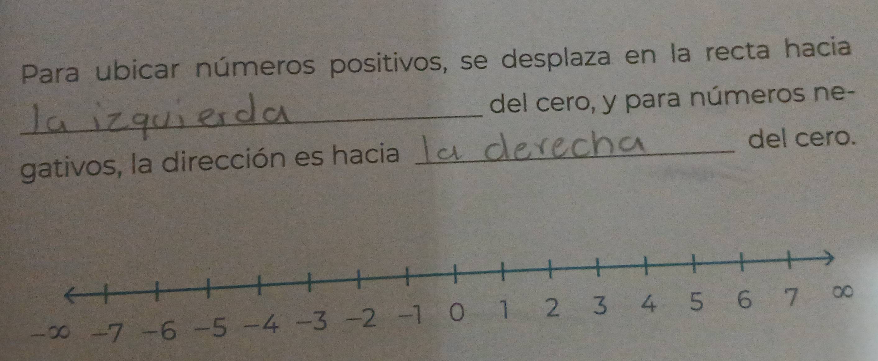 Para ubicar números positivos, se desplaza en la recta hacia 
_ 
del cero, y para números ne- 
del cero. 
gativos, la dirección es hacia_