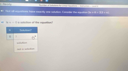 Ready Number of Sollutions for Linear Equations — Instruction — Level H 
* Not all equations have exactly one solution. Consider the equation 2n+6-2(3+n)
4l Is n=0 a solution of the equation?