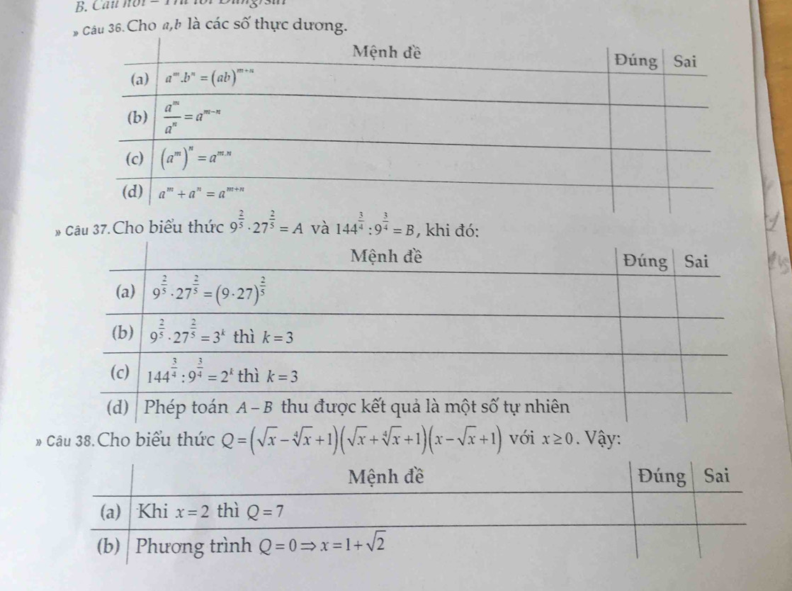 Cau not  -1
# Câu 36.Cho a,b là các số thực dương.
# Câu 37.Cho biểu thức 9^(frac 2)5· 27^(frac 2)5=A và 144^(frac 3)4:9^(frac 3)4=B , khi đó:
# Câu 38.Cho biểu thức Q=(sqrt(x)-sqrt[4](x)+1)(sqrt(x)+sqrt[4](x)+1)(x-sqrt(x)+1) với x≥ 0. Vậy: