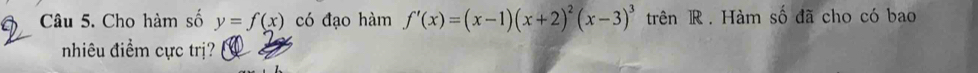 Cho hàm số y=f(x) có đạo hàm f'(x)=(x-1)(x+2)^2(x-3)^3 trên R. Hàm số đã cho có bao 
nhiêu điểm cực trị?