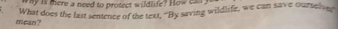 why is there a need to protect wildlife? How cany 
. What does the last sentence of the text, “By saving wildlife, we can save ourselver 
mean?