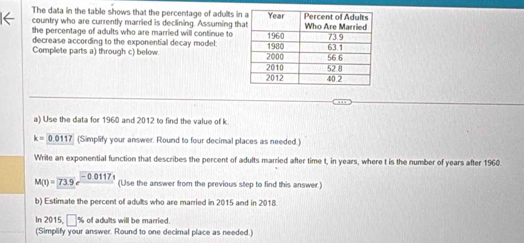 The data in the table shows that the percentage of adults in 
country who are currently married is declining. Assuming th 
the percentage of adults who are married will continue to 
decrease according to the exponential decay model: 
Complete parts a) through c) below. 
a) Use the data for 1960 and 2012 to find the value of k
k=0.0117 (Simplify your answer. Round to four decimal places as needed.) 
Write an exponential function that describes the percent of adults married after time t, in years, where t is the number of years after 1960.
M(t)=73.9e^(-0.0117t) (Use the answer from the previous step to find this answer.) 
b) Estimate the percent of adults who are married in 2015 and in 2018. 
In 2015, □ % of adults will be married. 
(Simplify your answer. Round to one decimal place as needed.)