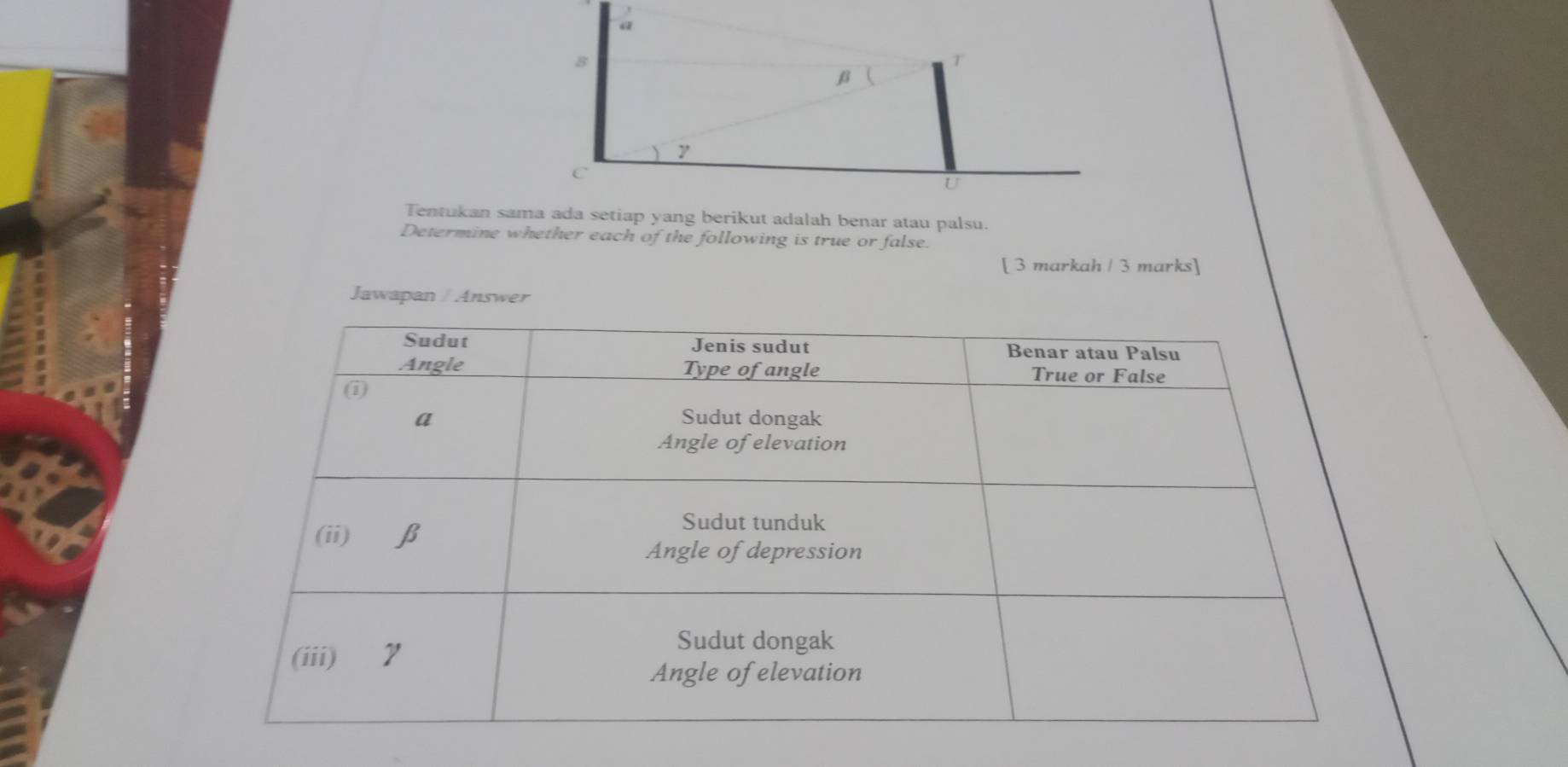 Determine whether each of the following is true or false. 
[ 3 markah / 3 marks] 
Jawapan / Answer