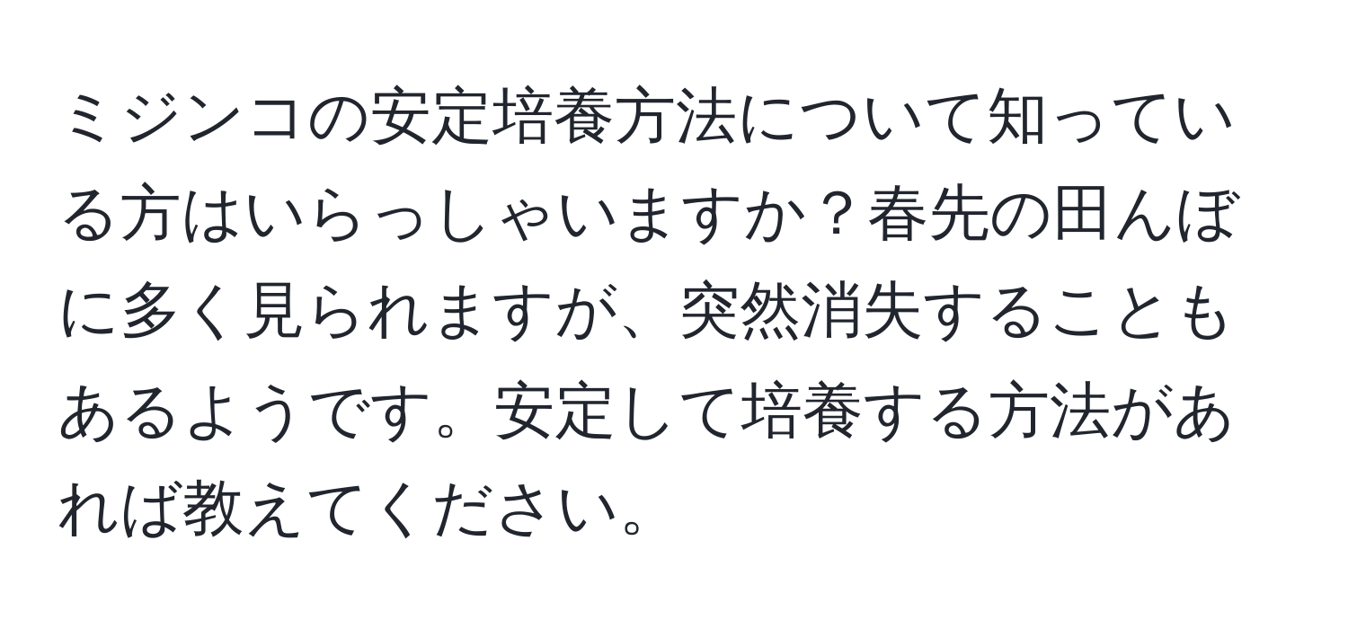 ミジンコの安定培養方法について知っている方はいらっしゃいますか？春先の田んぼに多く見られますが、突然消失することもあるようです。安定して培養する方法があれば教えてください。