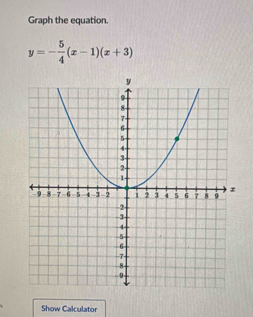 Graph the equation.
y=- 5/4 (x-1)(x+3)
Show Calculator