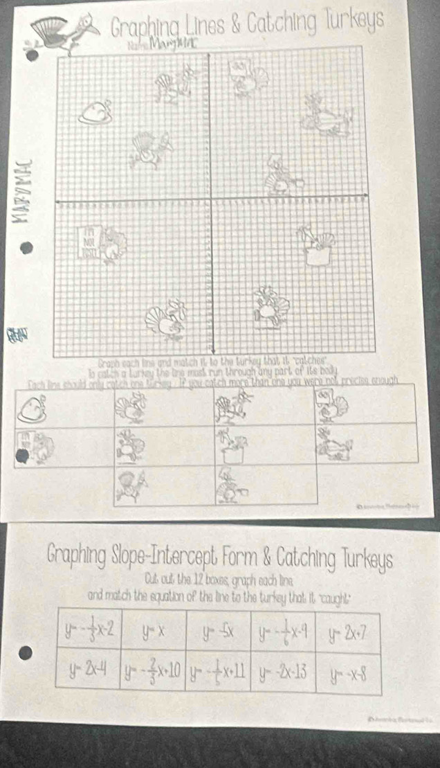 Graphing Lines & Catching Turkeys
N Mang Md
in
Graph each line and match it to the turkey that it "catches
io catch a turkey the line must run through any part of its body 
Fach line should only catch one turkey . If you catch more than one you were no precise enough 
Graphing Slope-Intercept Form & Catching Turkeys
Cut out the 12 boxes, graph each line,
and match the equation of the line to the turkey that it "caught"
Diwia fetral =