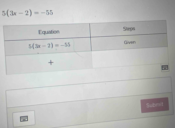 5(3x-2)=-55
Submit
=