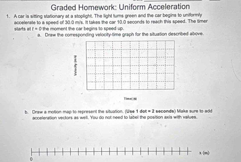 Graded Homework: Uniform Acceleration
1. A car is sitting stationary at a stoplight. The light turns green and the car begins to uniformly
accelerate to a speed of 30.0 m/s. It takes the car 10.0 seconds to reach this speed. The timer
starts at t=0 the moment the car begins to speed up.
a. Draw the corresponding velocity-time graph for the situation described above.
Time( (s)
b. Draw a motion map to represent the situation. (Use 1 dot =2 seconds) Make sure to add
acceleration vectors as well. You do not need to label the position axis with values.
0