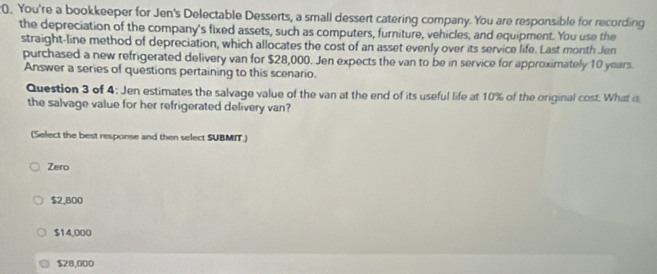 You're a bookkeeper for Jen's Delectable Desserts, a small dessert catering company. You are responsible for recording
the depreciation of the company's fixed assets, such as computers, furniture, vehicles, and equipment. You use the
straight-line method of depreciation, which allocates the cost of an asset evenly over its service life. Last month Jen
purchased a new refrigerated delivery van for $28,000. Jen expects the van to be in service for approximately 10 years.
Answer a series of questions pertaining to this scenario.
Question 3 of 4; Jen estimates the salvage value of the van at the end of its useful life at 10% of the original cost. What is
the salvage value for her refrigerated delivery van?
(Select the best response and then select SUBMIT.)
Zero
$2,800
$14,000
$28,000