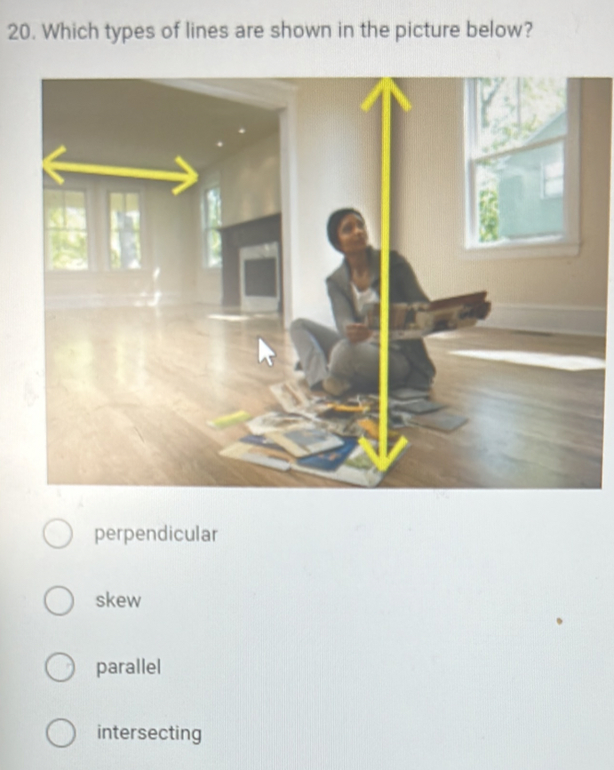 Which types of lines are shown in the picture below?
perpendicular
skew
parallel
intersecting