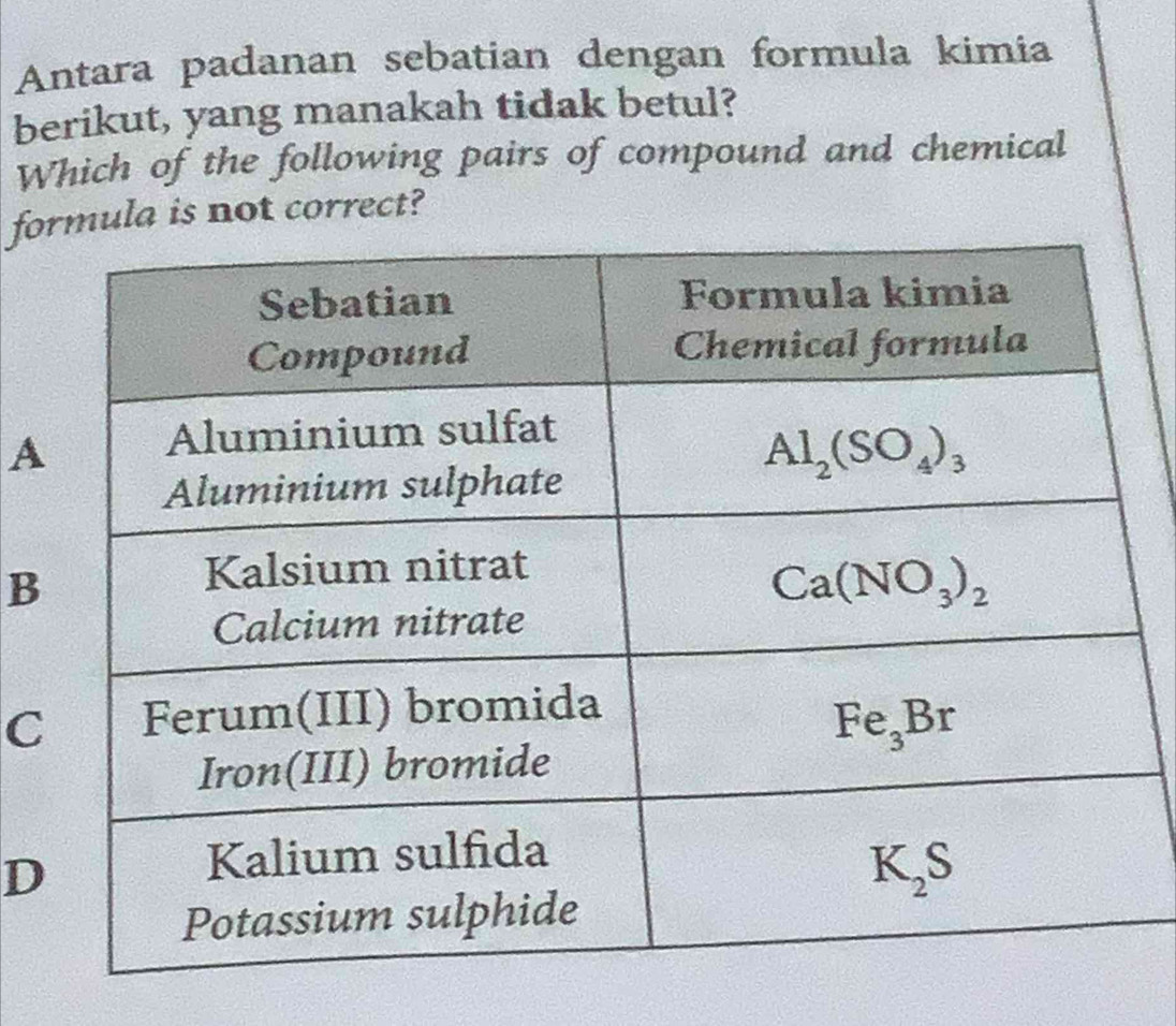 Antara padanan sebatian dengan formula kimia
berikut, yang manakah tidak betul?
Which of the following pairs of compound and chemical
foula is not correct?
A
B
C
D